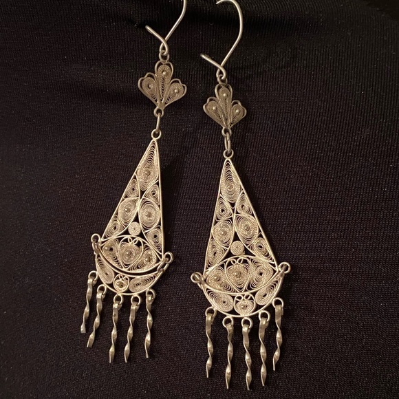 Intricate Vintage Turkish Sterling Silver Earrings - Picture 2 of 7